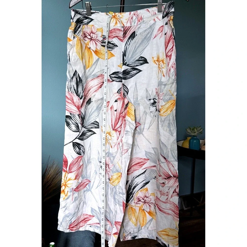 Linen Cropped Wide Leg Resort Pants Tropical‎ Floral Size L Coastal Boho